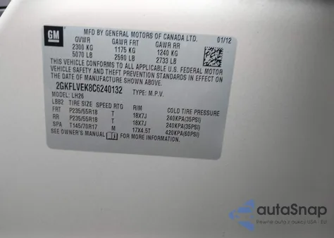 2012 GMC Terrain Slt-1 z USA, uszkodzony, nr VIN 2GKFLVEK8C6240132